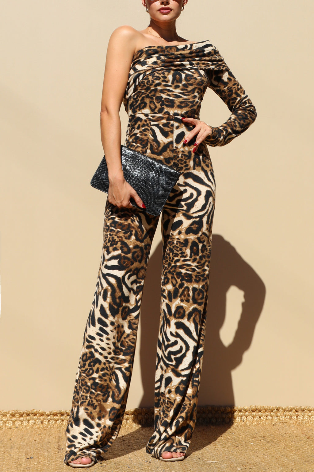 DD7798, LEOPARD ONE SHOULDER KNIT JUMPSUIT
