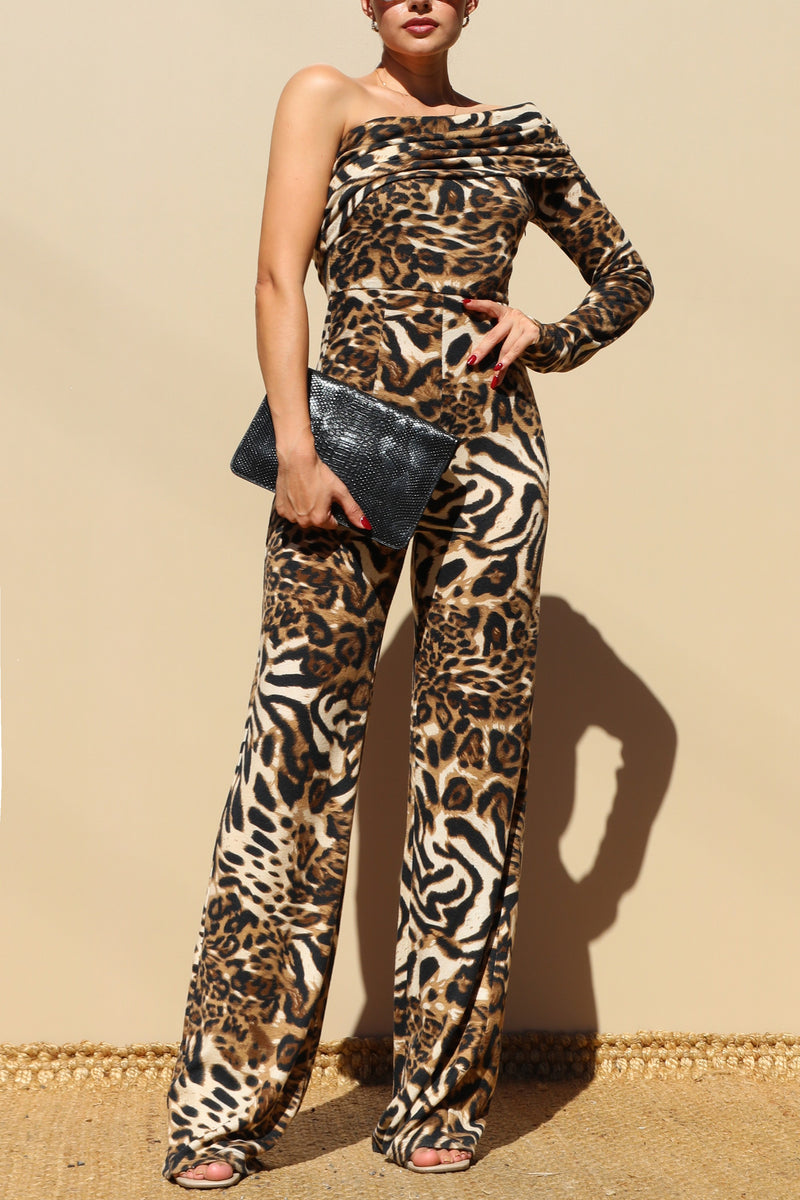 DD7798, LEOPARD ONE SHOULDER KNIT JUMPSUIT