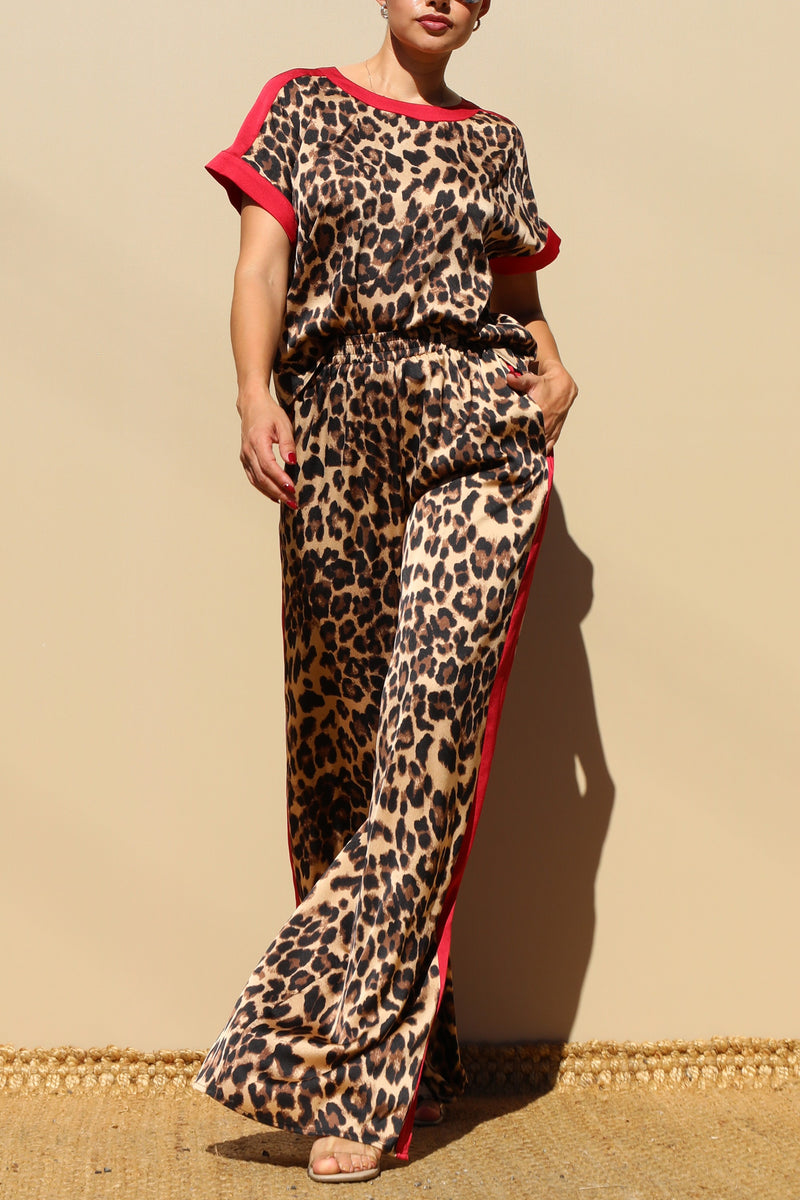 DD7804, LEOPARD LOOSE FIT SATIN PANT SET