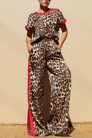 DD7804, LEOPARD LOOSE FIT SATIN PANT SET