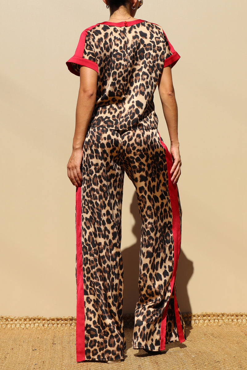 DD7804, LEOPARD LOOSE FIT SATIN PANT SET