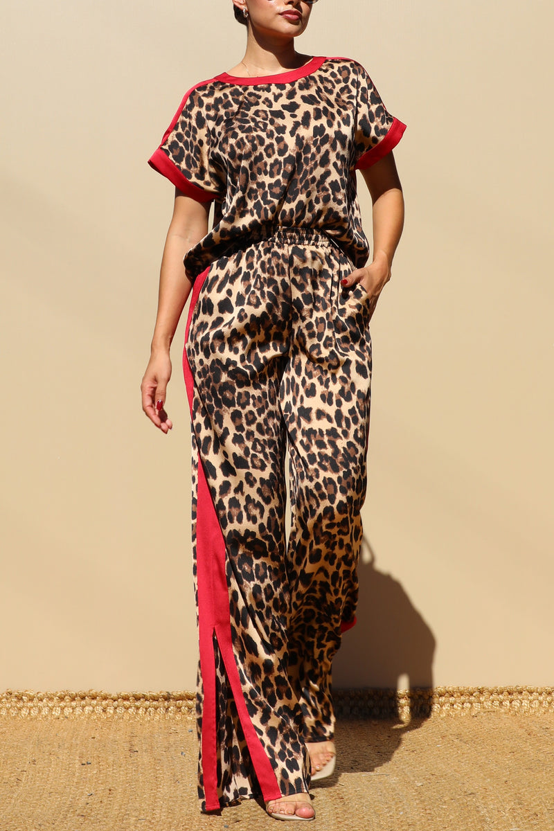 DD7804, LEOPARD LOOSE FIT SATIN PANT SET