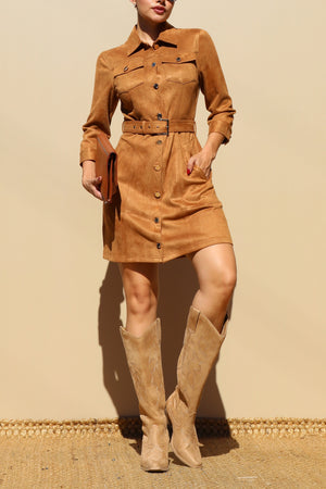 DD7717, SUEDE BUTTON DOWN MINI DRESS