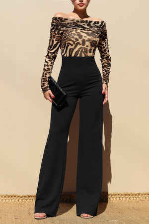 DD7790, LEOPARD OFF SHOULDER KNIT JUMPSUIT