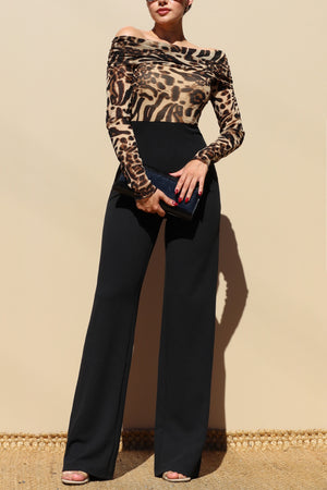 DD7790, LEOPARD OFF SHOULDER KNIT JUMPSUIT