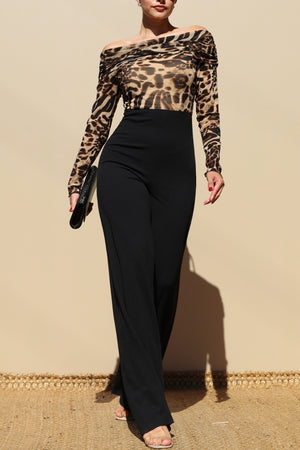 DD7790, LEOPARD OFF SHOULDER KNIT JUMPSUIT