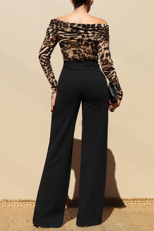 DD7790, LEOPARD OFF SHOULDER KNIT JUMPSUIT