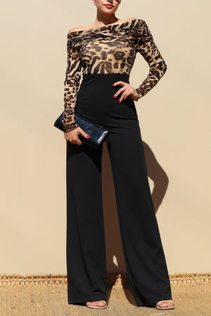 DD7790, LEOPARD OFF SHOULDER KNIT JUMPSUIT