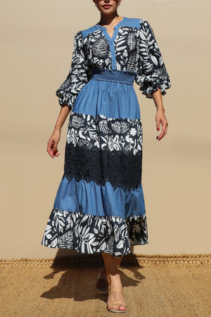 DD7715, PRINTED TIERED WOVEN MIDI DRESS