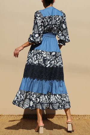 DD7715, PRINTED TIERED WOVEN MIDI DRESS