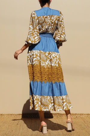DD7715, PRINTED TIERED WOVEN MIDI DRESS