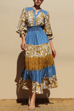 DD7715, PRINTED TIERED WOVEN MIDI DRESS