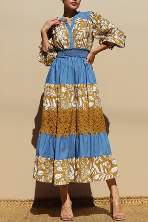 DD7715, PRINTED TIERED WOVEN MIDI DRESS