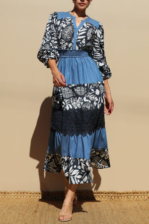 DD7715, PRINTED TIERED WOVEN MIDI DRESS