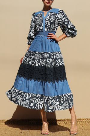 DD7715, PRINTED TIERED WOVEN MIDI DRESS