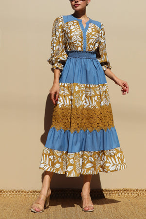 DD7715, PRINTED TIERED WOVEN MIDI DRESS