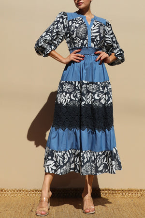 DD7715, PRINTED TIERED WOVEN MIDI DRESS