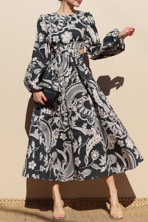DD7839, PRINTED LACE UP WOVEN MIDI DRESS