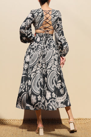 DD7839, PRINTED LACE UP WOVEN MIDI DRESS