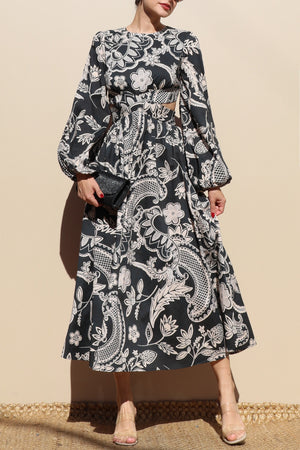 DD7839, PRINTED LACE UP WOVEN MIDI DRESS