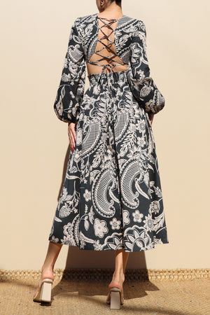 DD7839, PRINTED LACE UP WOVEN MIDI DRESS