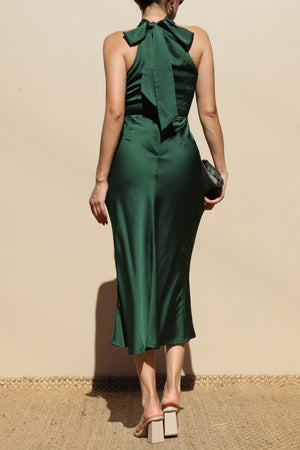 DD7840, Mock Neck Satin Midi Dress
