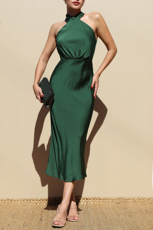 DD7840, Mock Neck Satin Midi Dress