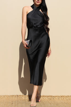 DD7840, NECK SATIN MIDI DRESS