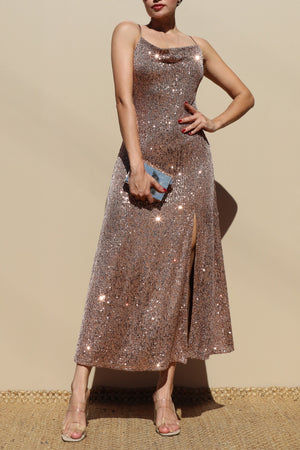DD7841, SEQUIN COWL NECK SLIT MIDI DRESS