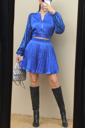DD6499, BOMBER JK TOP AND PLEATED SKIRT SET