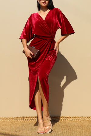 DD7818, V NECK VELVET RUCHED BODYCON DRESS