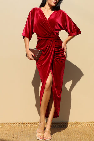 DD7818, V NECK VELVET RUCHED BODYCON DRESS