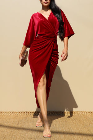 DD7818, V NECK VELVET RUCHED BODYCON DRESS