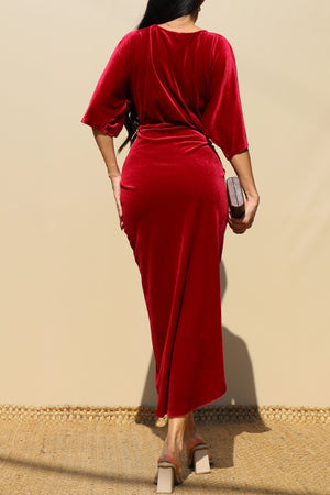 DD7818, V NECK VELVET RUCHED BODYCON DRESS