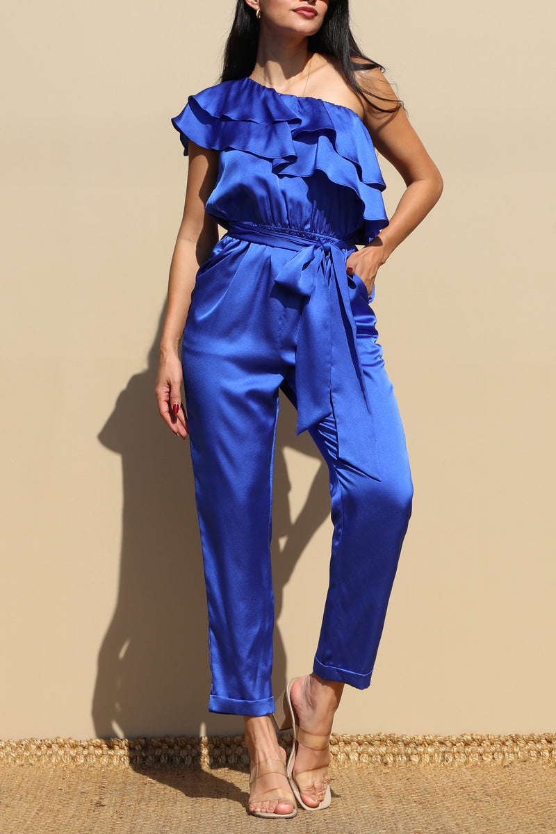 DD4842, RUFFLED SATIN JUMPSUIT