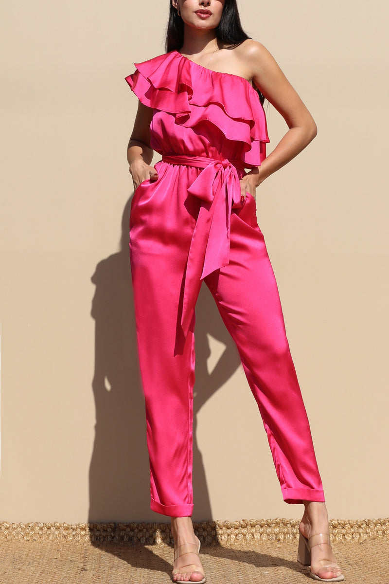 DD4842, RUFFLED SATIN JUMPSUIT