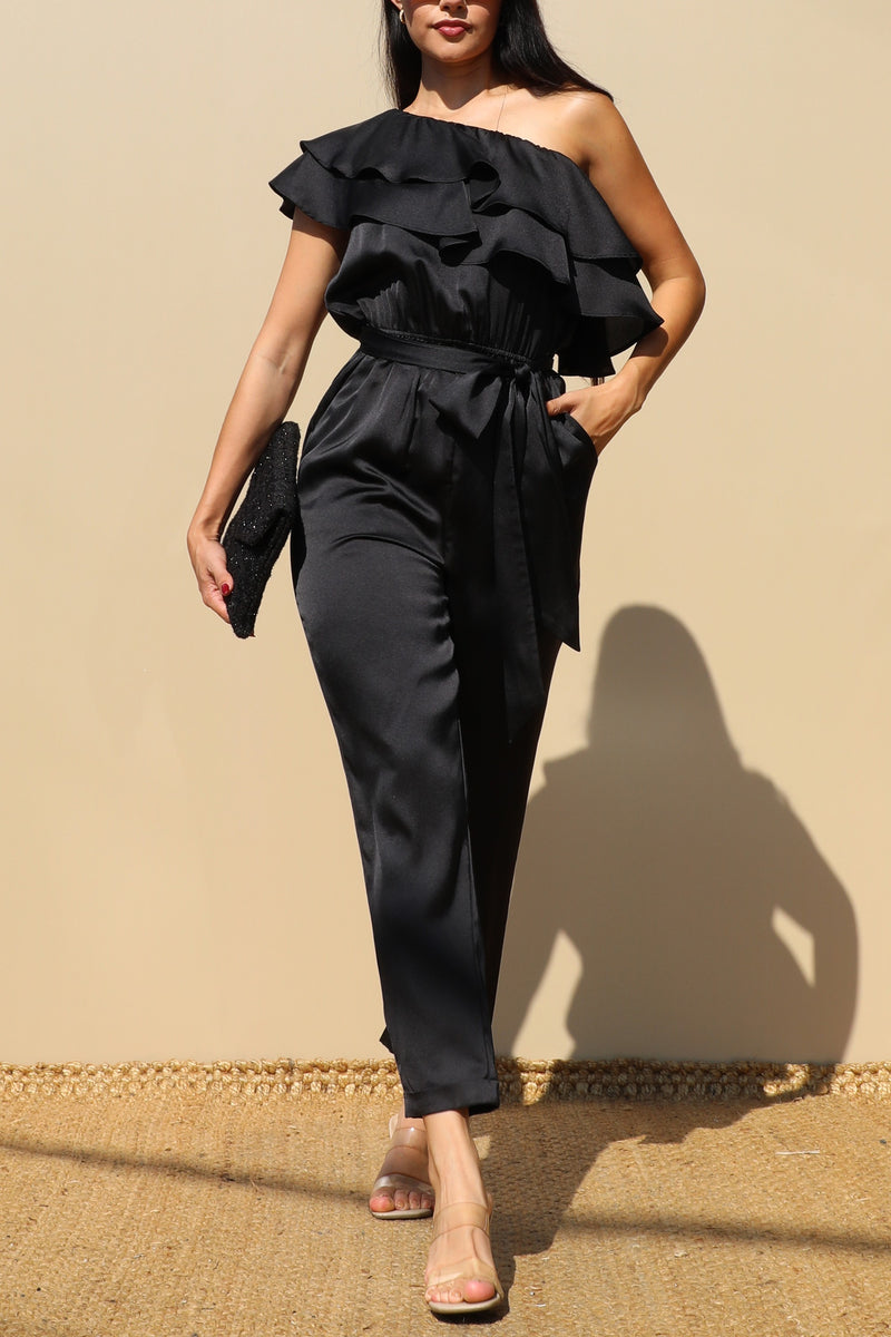 DD4842, RUFFLED SATIN JUMPSUIT