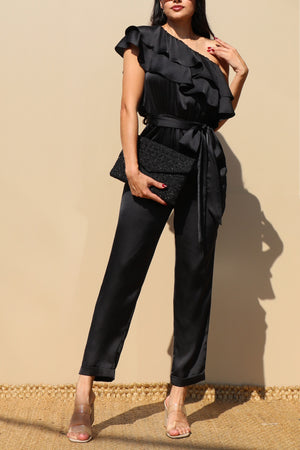 DD4842, RUFFLED SATIN JUMPSUIT