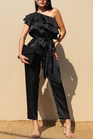 DD4842, RUFFLED SATIN JUMPSUIT