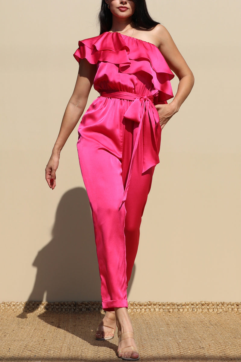 DD4842, RUFFLED SATIN JUMPSUIT