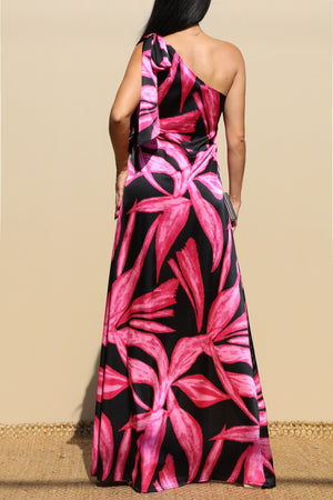 DD4838, PRINTED TIE SHOULDER SATIN MAXI DRESS