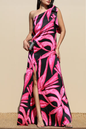 DD4838, PRINTED TIE SHOULDER SATIN MAXI DRESS