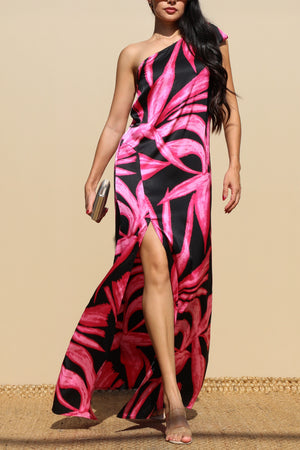 DD4838, PRINTED TIE SHOULDER SATIN MAXI DRESS