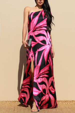 DD4838, PRINTED TIE SHOULDER SATIN MAXI DRESS