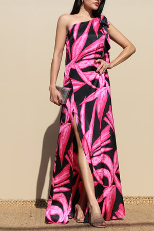 DD4838, PRINTED TIE SHOULDER SATIN MAXI DRESS