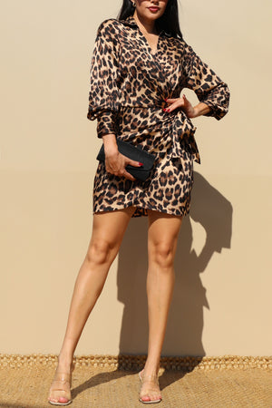 DD7844, Leopard Print Wrap Satin Mini Dress