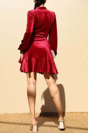 DD7824, RUFFLED VELVET WRAP MINI DRESS