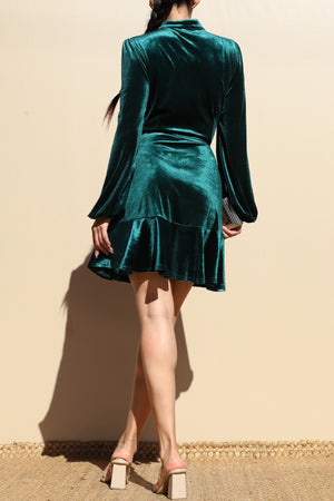 DD7824, RUFFLED VELVET WRAP MINI DRESS