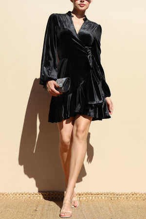 DD7824, RUFFLED VELVET WRAP MINI DRESS
