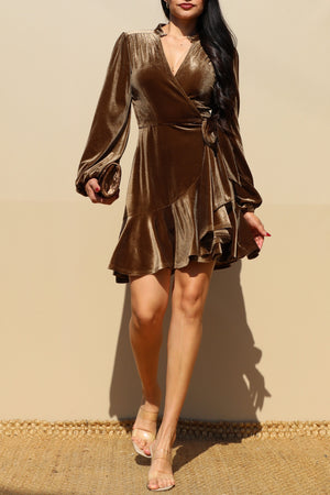 DD7824, RUFFLED VELVET WRAP MINI DRESS